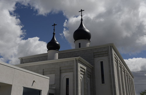 Scott Sommerdorf   |  The Salt Lake Tribune
The new St. George Russian Orthodox Church at 1300 West, 6790 South, in West Jordan, Wednesday, April 23, 2014. It has mixed a very angular exterior, with the traditional onion-shaped domes of Russian Orthodox architecture.