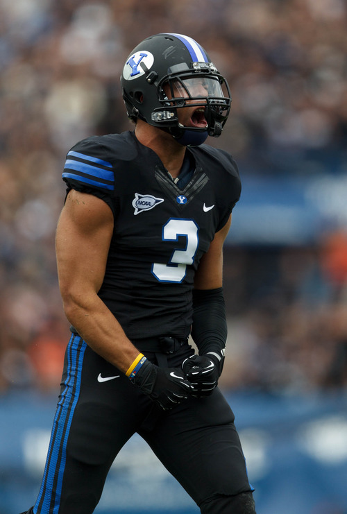 Trent Nelson  |  The Salt Lake Tribune
BYU's Kyle Van Noy reacts after sacking Oregon State quarterback Cody Vaz as BYU hosts Oregon State college football Saturday October 13, 2012 in Provo, Utah.