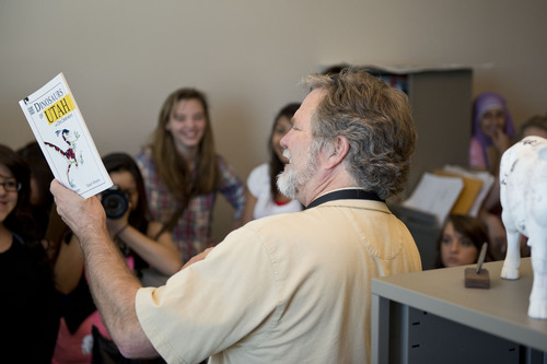 Lennie Mahler  |  The Salt Lake Tribune
Cartoonist Pat Bagley speaks to journalism and yearbook students from Granger High School at The Salt Lake Tribune office Friday, May 2, 2014.