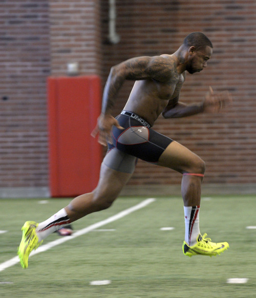 Al Hartmann  |  The Salt Lake Tribune
Ute defensive back Keith McGill sprints a 40 yard dash during the NFL Pro Day at the Spence Eccles Field House Wednesday March 19. 	Utah players did a variety of strength, agility, and speed drills to make an impression for NFL scouts.