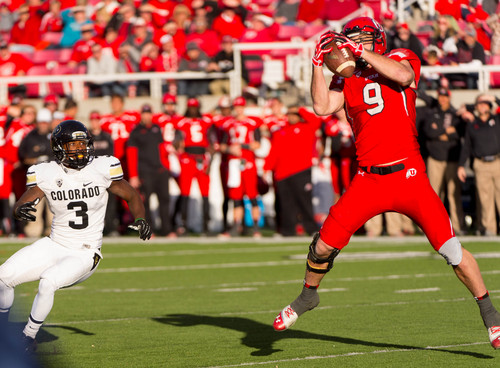 Trent Nelson  |  The Salt Lake Tribune
Utah Utes defensive end Trevor Reilly (9) intercepts a pass intended for Colorado Buffaloes wide receiver D.D. Goodson (3) to end the game as the University of Utah hosts Colorado, college football at Rice-Eccles Stadium in Salt Lake City, Saturday November 30, 2013.