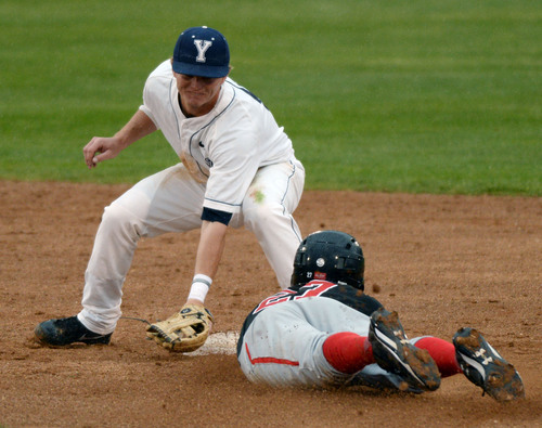 Steve Griffin  |  The Salt Lake Tribune


BYU shortstop Hayden Nielsen tags out Utah's Wyler Smith as he tries to steal second during baseball game at Miller Park on the campus of BYU in Provo, Utah Tuesday, May 6, 2014.
