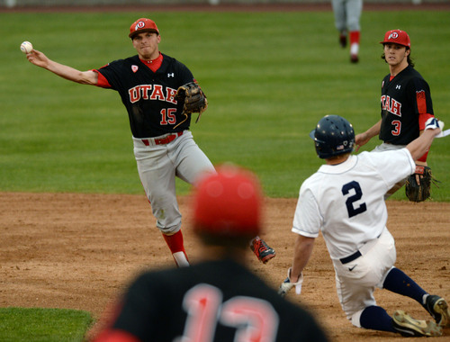 Steve Griffin  |  The Salt Lake Tribune


Utah shortstop Cory Hunt fires to first for a double play during baseball game against BYU at Miller Park on the campus of BYU in Provo, Utah Tuesday, May 6, 2014.