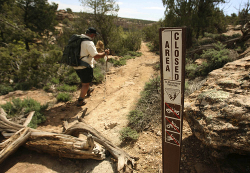 Leah Hogsten  |  The Salt Lake Tribune
Bureau of Land Management's Monticelllo Field Office Manager Tom Heinlein walks on the wide trails built by ATV enthusiasts at the head of Recapture Canyon on Blanding's northern outskirts Thursday, May 6, 2010, in Recapture Canyon. The U.S. Bureau of Land Management is considering a San Juan County  application for the right of way in Recapture Canyon. An ATV trail would give Blanding residents and visitors easier access to archaeological sites.