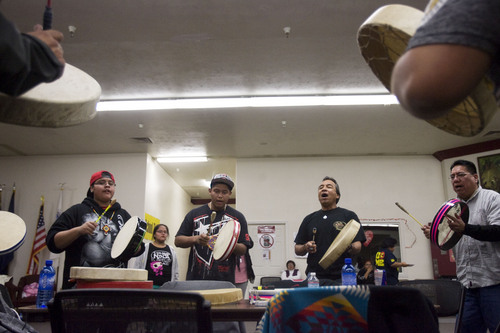 Kim Raff  |  Tribune file photo
Drummers perform during a Round Dance, organized by members of the Ute Indian Tribe, at Uinta River High School in Fort Duchesne on February 9, 2013.