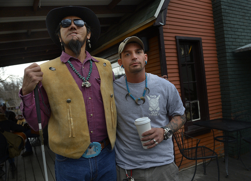 Scott Sommerdorf   |  Tribune file photo
Arnold Thomas, left, and Corey Navarro talk in February about a dispute that has arisen with the sweat lodge at the Salt Lake VA. At the end of 2013, the VA said it wanted to reduce sweats to 18 a year compared with 45 a year.