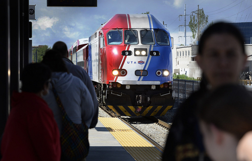 Scott Sommerdorf   |  The Salt Lake Tribune
A Front Runner train carrying actual passengers arrives at Murray Station as UTA held a terrorism bombing drill on another track at the Murray Central Station in conjunction with Intermountain Medical Center, Thursday, May 8, 2014.