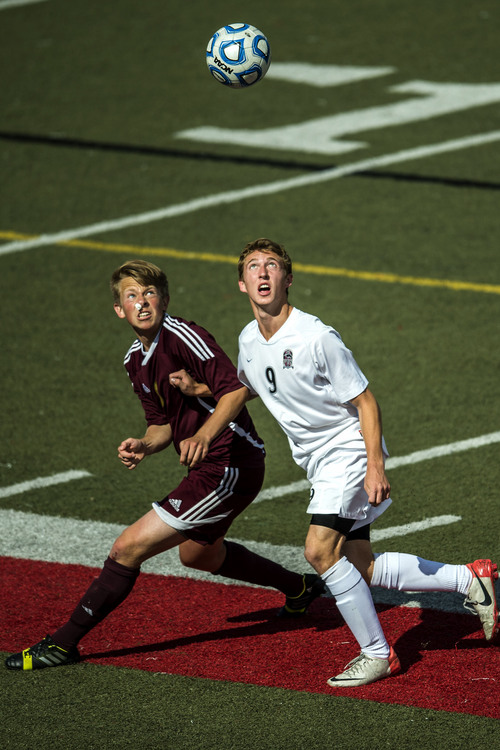 Chris Detrick  |  The Salt Lake Tribune
Cedar City's Noah Hill (6) and Pine View's Michael Wade (9) go for the ball during the game at Alta High School Saturday May 9, 2014. Cedar City won the game 4-1.