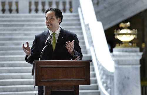 Scott Sommerdorf   |  The Salt Lake Tribune
Utah Attorney General Sean Reyes, in the rotunda of the State Capitol, speaks about the importance of remembering and honoring the primarily Chinese laborers who constructed and completed America's first transcontinental railroad. Representatives from Utah Gov. Gary Herbert's office joined other elected officials, including visitors from China's Guandong Province, Friday, May 9, 2014. The event is part of the official commemoration of the May 1869 driving of the Golden Spike that marked the connection of the Union and Central Pacific Railroads at Promontory Point, Utah.