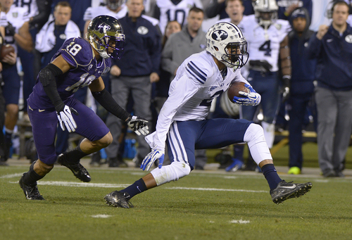 Scott Sommerdorf   |  The Salt Lake Tribune
Brigham Young Cougars wide receiver Cody Hoffman (2) runs for yards after a catch during first half play at the Fight Hunger Bowl at AT&T Park in San Francisco, Friday December 27, 2013.