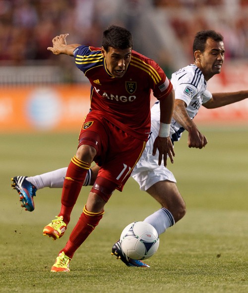 RSL's Javier Morales with the ball, as Real Salt Lake hosts the L.A. Galaxy, MLS Soccer at Rio Tinto Stadium Wednesday, June 20, 2012 in Salt Lake City, Utah. (AP Photo/Trent Nelson, The Salt Lake Tribune)