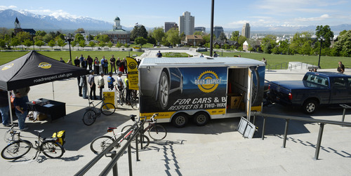 Steve Griffin  |  The Salt Lake Tribune


Press conference kicking off the 4th annual 2014 Road Respect Tour. The tour is designed to encourage safe cycling and to promote positive interactions between bicyclists and drivers. The event is sponsored by Bike Utah, the Utah Department of Transportation, the Department of Public Safety, Utah Highway Patrol and Zero Fatalities. The event was held  on the steps of the Capitol in Salt Lake City, Monday, May 12, 2014.