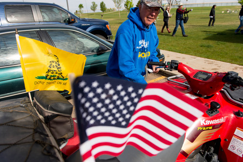 Trent Nelson  |  The Salt Lake Tribune
Robert Bowing attached flags to his ATV in Blanding's Centennial Park on Saturday May 10, 2014, prior to a protest ride into Recapture Canyon, closed to motorized use since 2007 to protect the 7-mile-long canyon's archaeological sites.
