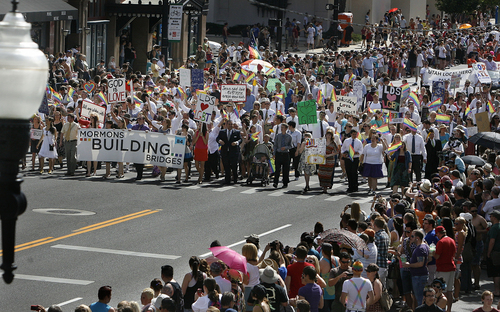 Scott Sommerdorf  |  The Salt Lake Tribune             
Mormons Building Bridges group leads the annual Gay Pride Parade through downtown Salt Lake City, Sunday, June 3, 2012.