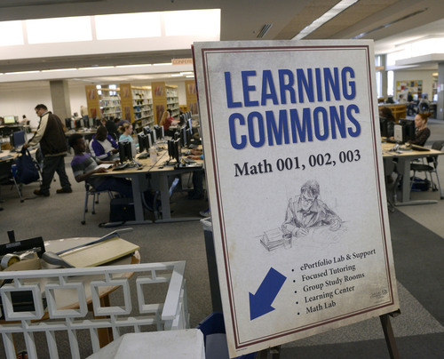 Al Hartmann  |  The Salt Lake Tribune
The basement of Markosian Library at the Taylorsville/Redwood Road campus of Salt Lake Community College offers math tutoring sessions.  
In a more vocal approach than years past, Utah higher education leaders are recommending college-bound high school kids to take four years of math instead of the required three.