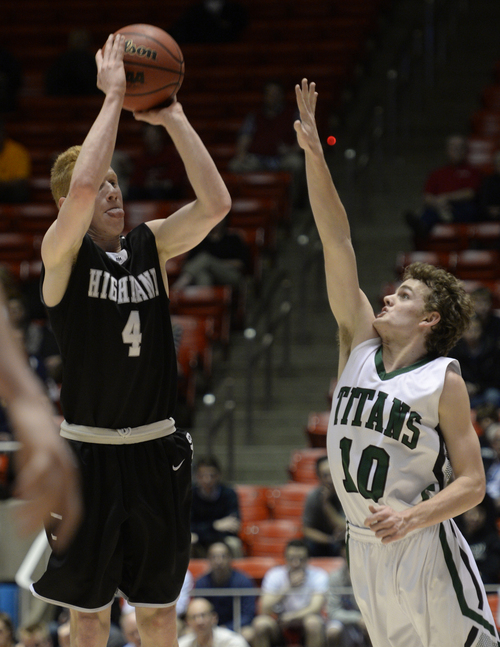 Rick Egan  | The Salt Lake Tribune 

Jake Connor (4), Highland shoots over Seth Crofts (10), Olympus, in 4A state basketball tournament action, Highland vs. Olympus,  at the Huntsman Center, Wednesday, March 5, 2014.