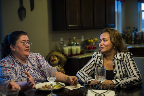 Chris Detrick  |  The Salt Lake Tribune
Kirsten Rice and Sil Hoggan talk during a Childless Mormon Support dinner Friday May 9, 2014.