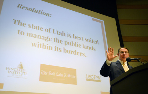 Steve Griffin  |  The Salt Lake Tribune


West Jordan Republican Rep. Ken Ivory talks to the audience during town hall meeting about who should control Utah's public lands at the Main Library in Salt Lake City, Wednesday, May 14, 2014.