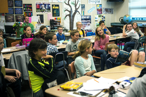 Chris Detrick  |  The Salt Lake Tribune
Students listen during Mike Sorensen's fifth-grade class at Highland Park Elementary School Thursday May 8, 2014.