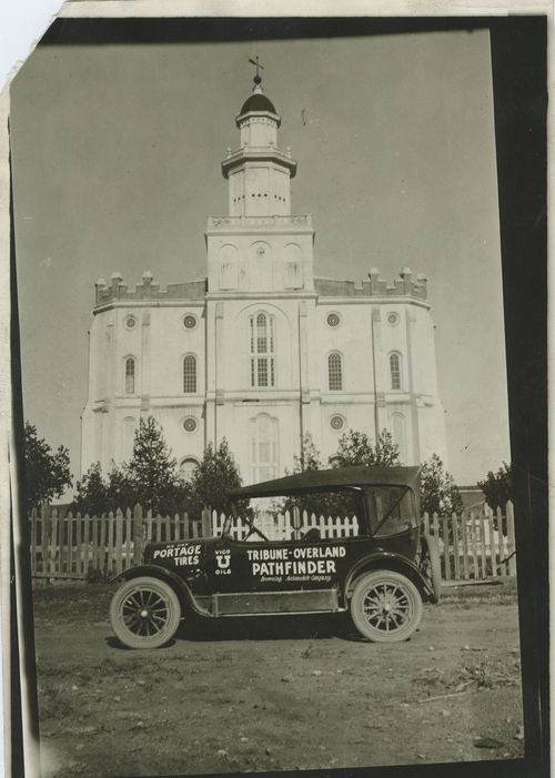Tribune file photo

An old car, known as the Tribune-Overland Pathfinder, is seen outside the St. George LDS temple in this undated photo.