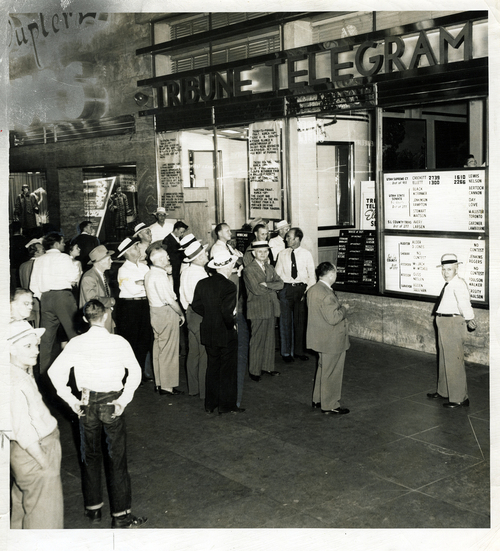 Tribune file photo

People gather to watch election results come in outside the Tribune building in 1950.
