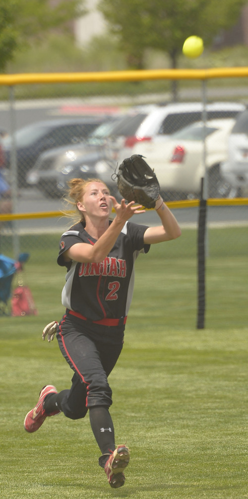 Leah Hogsten  |  The Salt Lake Tribune
Unitah's Natasha Barker catches the out. Stansbury High School girls softball team defeated Uintah High School 8-3 to win the 3A State Championship title Saturday, May 17, 2014 at the Spanish Fork Softball Complex.