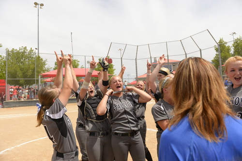 Leah Hogsten  |  The Salt Lake Tribune
Stansbury celebrates the win. Stansbury High School girls softball team defeated Uintah High School 8-3 to win the 3A State Championship title Saturday, May 17, 2014 at the Spanish Fork Softball Complex.