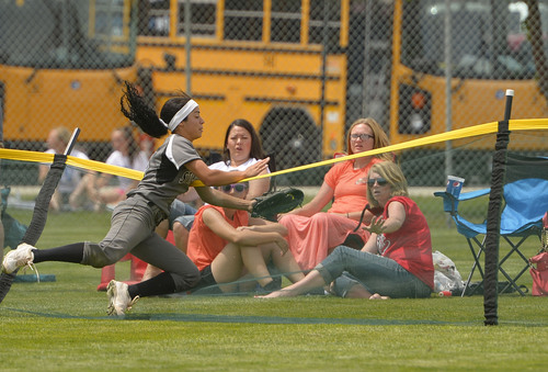 Leah Hogsten  |  The Salt Lake Tribune
Stansbury's Janessa Bassett makes the catch for the out.  Stansbury High School girls softball team defeated Uintah High School 8-3 to win the 3A State Championship title Saturday, May 17, 2014 at the Spanish Fork Softball Complex.