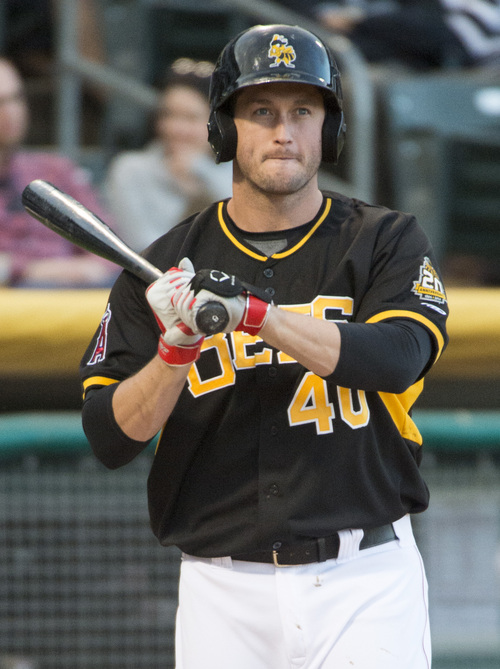 Rick Egan  |  The Salt Lake Tribune

David Freese at bat for the Salt Lake Bees, in PCL action at Smiths Ballpark, Monday, May 19, 2014