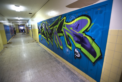 Steve Griffin  |  The Salt Lake Tribune


A mural painted on lockers inside the old Granite High School building in Salt Lake City, Utah Thursday, May 15, 2014.  The old building will house "Dreamathon," an interactive art exhibit that utilizes murals, photography, music, writing and storytelling to empower visitors to discover and live their dreams. Over 150 artisans from the local community have joined together to create a landscape of dreams by transforming the main section of the historic building.