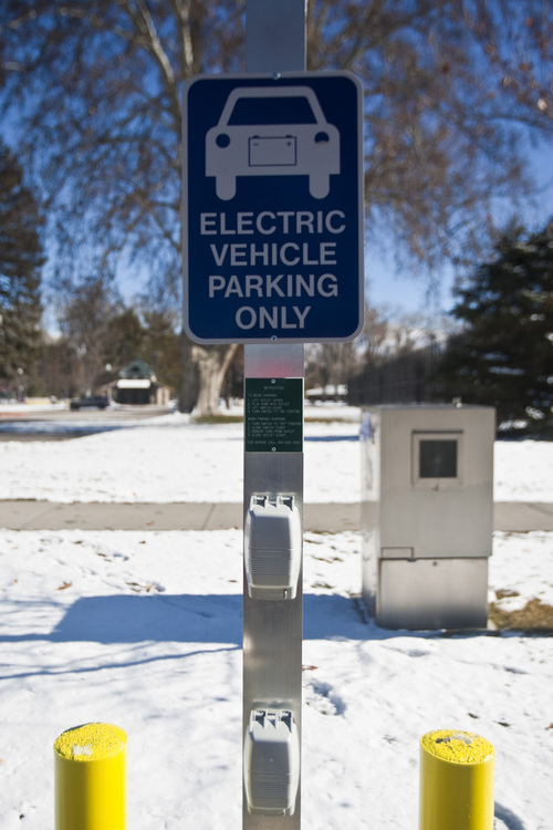 Photo by Chris Detrick | The Salt Lake Tribune 
An electric car charging station at Liberty Park Tuesday February 8, 2011.