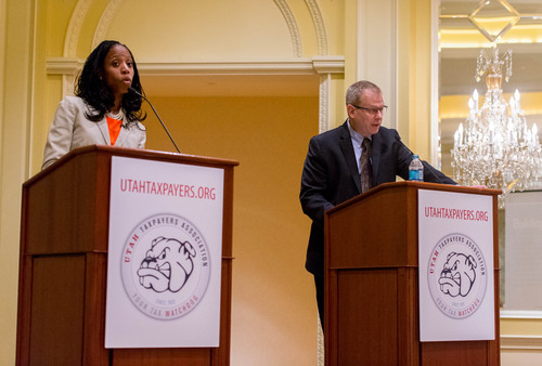 Trent Nelson  |  The Salt Lake Tribune
Utah 4th Congressional District Candidate Mia Love says the word, "Wrong" during an answer by Doug Owens during their debate at the annual Utah Taxes Now Conference at the Grand America Hotel in Salt Lake City Tuesday May 20, 2014.