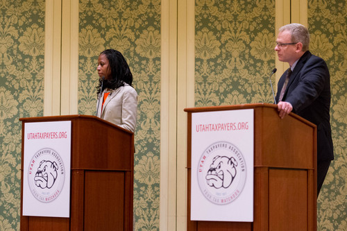 Trent Nelson  |  The Salt Lake Tribune
Utah 4th Congressional District Candidates Mia Love and Doug Owens share the stage for a debate at the annual Utah Taxes Now Conference at the Grand America Hotel in Salt Lake City Tuesday May 20, 2014.