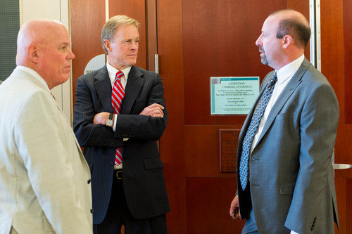 Trent Nelson  |  The Salt Lake Tribune
Bruce Wisan, the United Effort Plan trust administrator, Attorney Jeff Shields and Assistant Attorney General David Wolf wait for a hearing to begin in Elissa Wall's "MJ" lawsuit against Warren Jeffs and the UEP trust in Salt Lake City, Wednesday May 21, 2014. Judge Keith Kelly heard a motion to dismiss the lawsuit in the hearing.