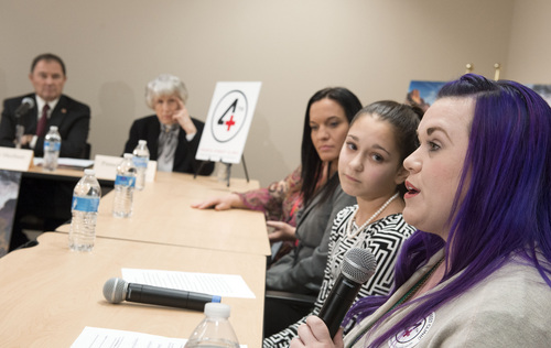 Keith Johnson | The Salt Lake Tribune
(right to left) Stacy Davis-Stanford, Avery Pizzuto (14), Rachel Santizo and Pamela Evans (not pictured), share their stories with Utah Gov. Gary Herbert, left, and Pamela Atkinson during a panel discussion March 6, 2014, at the Fourth Street Clinic in Salt Lake City. Herbert met with patients and families who will benefit most from his proposed alternative to Medicaid expansion.