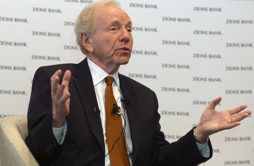 Leah Hogsten  |  The Salt Lake Tribune
Former Senator Joe Lieberman, who represented Connecticut in the U.S. Senate from 1988 to 2012, spoke about the United Statesí role in the global economy at Zions Bankís 13th annual Trade and Business Conference at the Salt Lake Marriott at City Creek ,Tuesday, May 20, 2014.