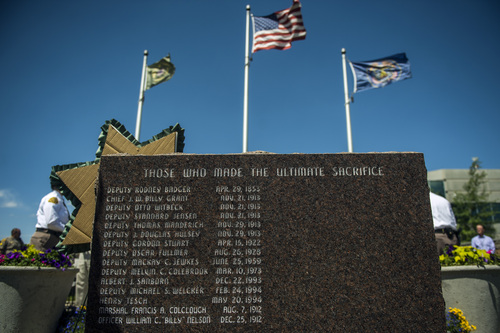 Chris Detrick  |  The Salt Lake Tribune
A monument for fallen deputies and officers killed in the line of duty at the Annual Memorial Service at the Sheriff's Office building Wednesday May 21, 2014.