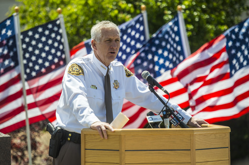 Chris Detrick  |  The Salt Lake Tribune
Sheriff James M. Winder speaks during the Annual Memorial Service for fallen deputies and officers killed in the line of duty at the Sheriff's Office building Wednesday May 21, 2014.
