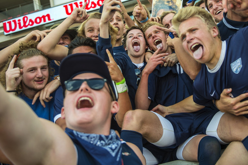 Chris Detrick  |  The Salt Lake Tribune
Members of the Skyline soccer team celebrate with their fans after winning the 4A Championship game at Rio Tinto Stadium Thursday May 22, 2014. Skyline defeated Logan 3-0.