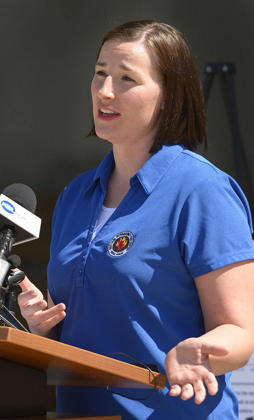 Leah Hogsten  |  The Salt Lake Tribune
The BLM's predictive meteorologist Shelby Law warned against careless use of fireworks or a campfire could spark an inferno that climbs the slopes toward the homes perched on the Salt Lake City canyon's rim, Thursday, May 22, 2014, at a press conference in City Creek Canyon.  Although most of the state remains in moderate drought, with several severe pockets in southern and western Utah, experts predict that this wildfire season will be a "normal" one for the state.