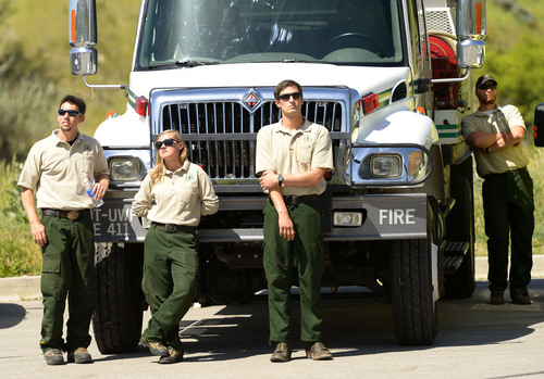 Leah Hogsten  |  The Salt Lake Tribune
l-r Firefighters from Uintah Wasatch Cache National Forest  Mike Stoutsenberger, Jessica Osborne, Mike Ewanowski and Scott Wood fought fires in three other states in 2013, including Utah..  Although most of the state remains in moderate drought, with several severe pockets in southern and western Utah, experts predict that this wildfire season will be a "normal" one for the state.