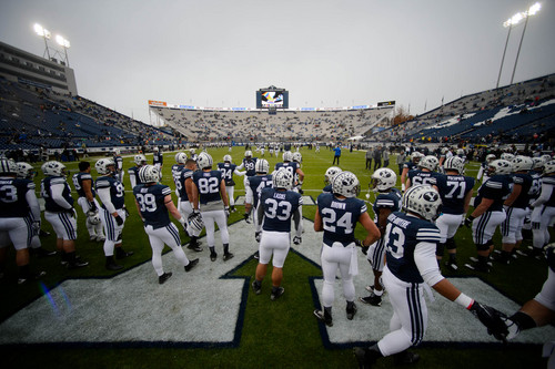 Trent Nelson  |  The Salt Lake Tribune
BYU players warm up as BYU prepares to host Idaho State, college football at LaVell Edwards Stadium in Provo, Saturday November 16, 2013.