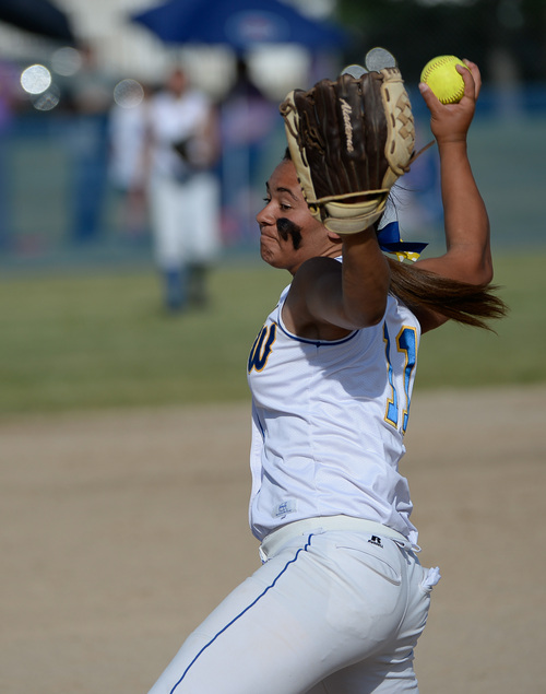 Francisco Kjolseth  |  The Salt Lake Tribune
Taylorsville pitcher Aseneca Lesuma lets it fly against Lehi during the 5A softball championship at the Valley Softball Complex in Taylorsville on Thursday, May 22, 2014.
