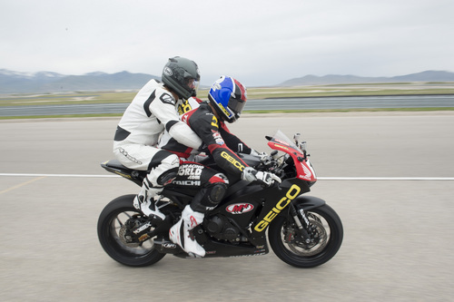 Rick Egan  |  The Salt Lake Tribune

Lexi Papadopolous takes a two-up Superbike ride with Chris Ulrich, a top-level pro Superbike racer, at Miller Motorsports Park, Friday, May 23, 2014.