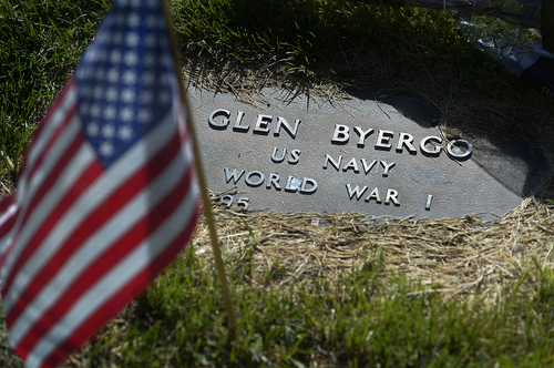 Scott Sommerdorf   |  The Salt Lake Tribune
The headstone of Glen Byergo, who served in the Navy during WWI, Sunday, May 25, 2014.