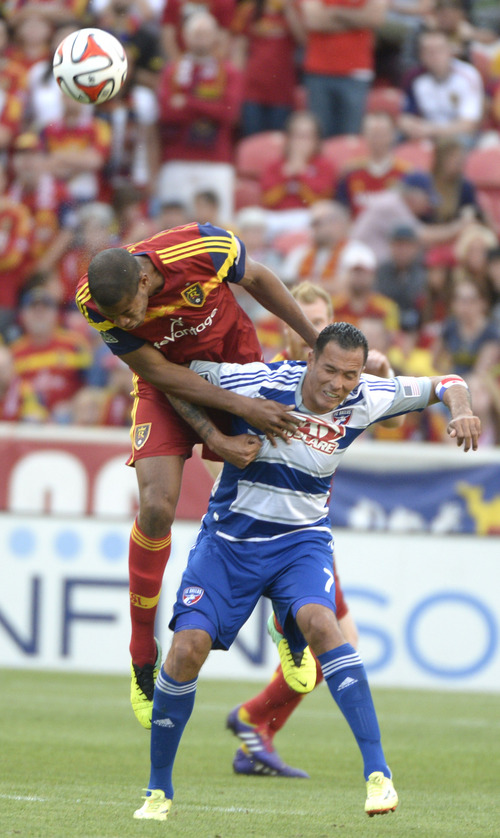 Rick Egan  |  The Salt Lake Tribune

Real Salt Lake defender Chris Schuler (28) goes over the top of FC Dallas forward Blas Perez (7), to connect with the ball. in MLS soccer action, Real Salt Lake vs. FC Dallas, at Rio Tinto Stadium, Saturday, May 24, 2014
