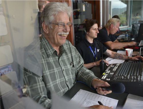Leah Hogsten  |  The Salt Lake Tribune
The voice of the Salt Lake Bees, longtime announcer Jeff Reeves calls the game Friday, May 23, 2014 at Smith's Ballpark.