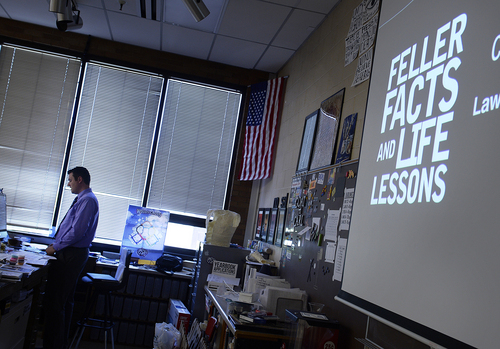 Scott Sommerdorf   |  The Salt Lake Tribune
Woods Cross High teacher Shon Feller leads a class as he works with students to create electronic posters and teach design. Feller is known for encouraging kids to use their mobile devices in class, as well as social networking and teaching kids through technology, Thursday, May 15, 2014.
