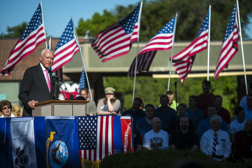 Chris Detrick  |  The Salt Lake Tribune
Utah Sen. Orrin Hatch speaks during a Memorial Day celebration at Hogan Park in Woods Cross on Monday May 26, 2014.