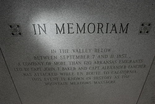 Steve Griffin  |  Tribune file photo

A granite panel at an overlook above the valley describes the Mountain Meadows Massacre and lists the names of the people killed. Mountain Meadows is located near Enterprise, Utah, Sept. 7, 2007.